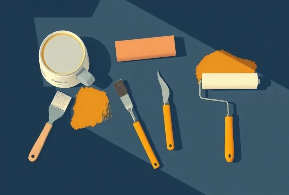 Outils de peinture disposés dans l'ordre des étapes du chantier