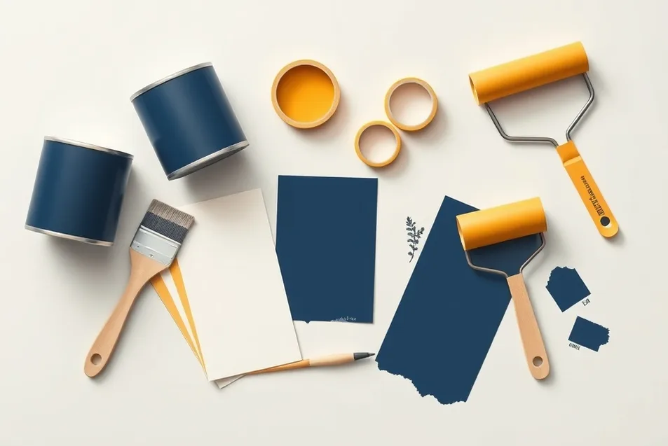 Pots de peinture, nuancier, brosses et rouleaux disposés à plat