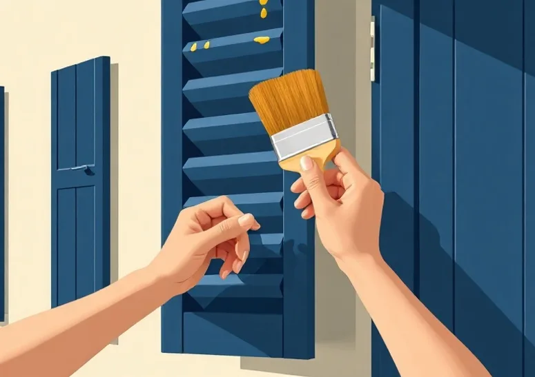 Mise en peinture au pinceau de volets et d'encadrements en bois