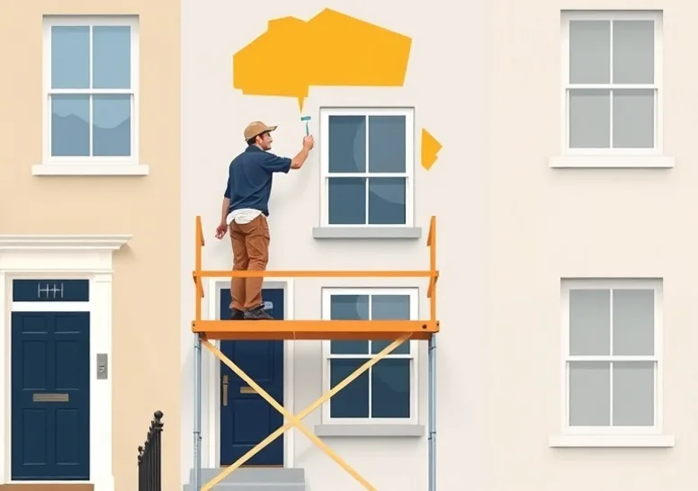 Peintre sur échafaudage traitant la façade d'une maison