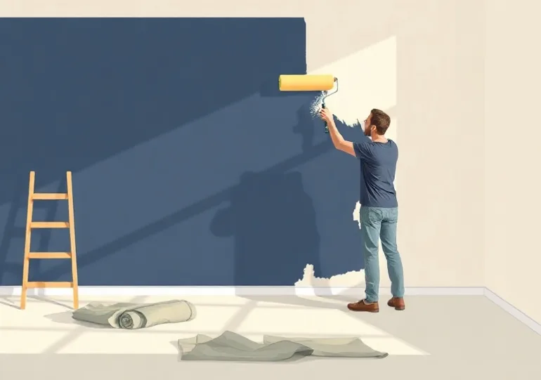 Peintre appliquant la peinture au rouleau sur un mur de salon